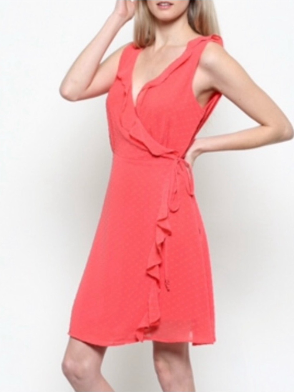 Pact Organic Cotton Coral Pink Wrap Dress
Ruffle Hem Size Medium